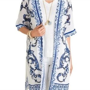 Chicos White Blue Floral Lightweight Gauzy Open Long Line Open Cardigan Medium 1
